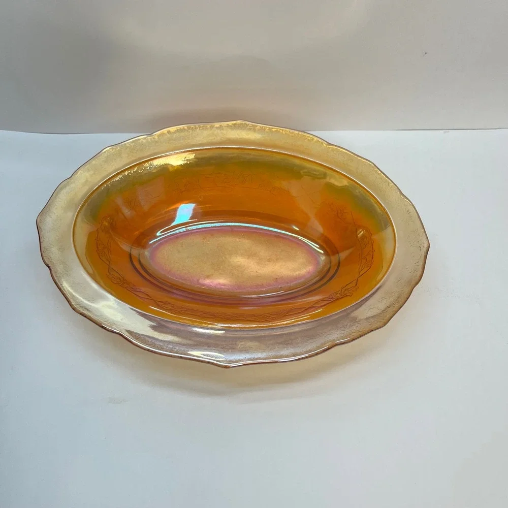 Jeanette Glass Iris and Herringbone Marigold Carnival Glass Oval‎ Vegetable Bowl
